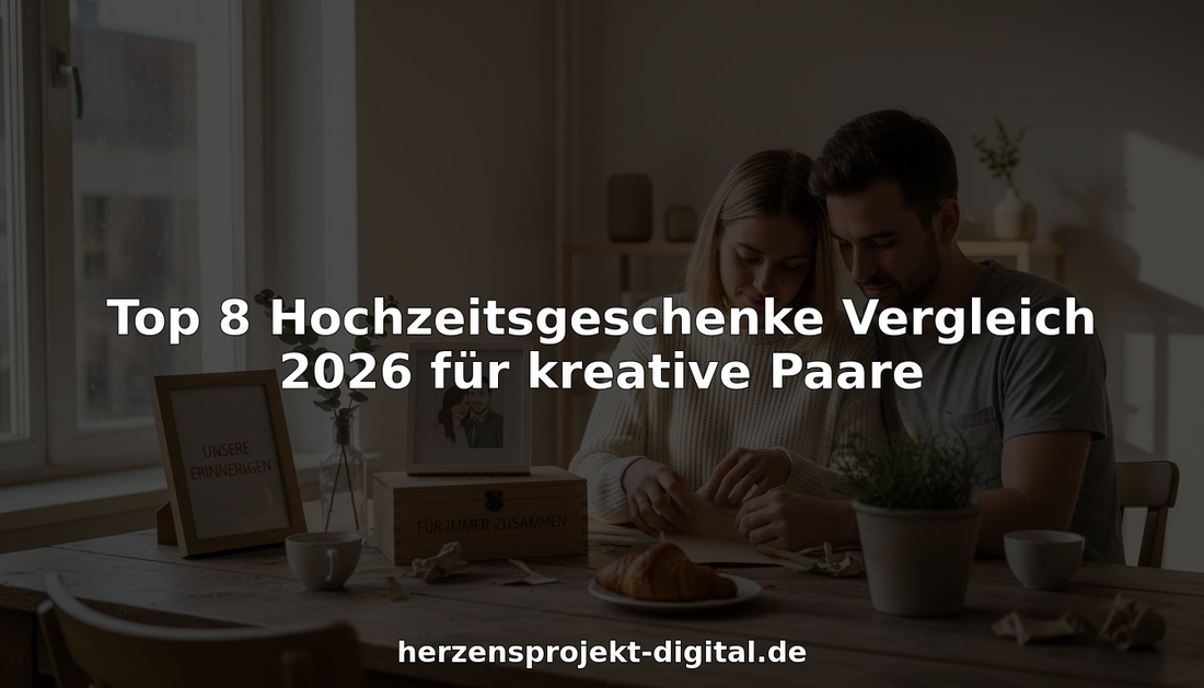 Ein frisch verheiratetes Paar packt am Tisch mit viel Neugierde und Freude ausgefallene Hochzeitsgeschenke aus.
