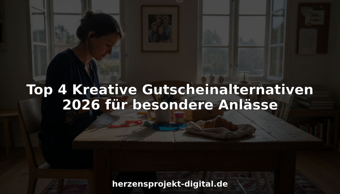 Eine Frau bastelt am heimischen Tisch eine kreative Geschenkkarte.