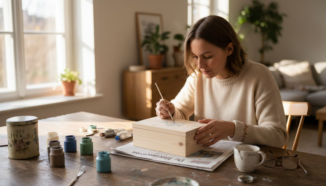 Eine Frau gestaltet liebevoll ihre persönliche Erinnerungsbox und verleiht ihr mit selbstgemalten Motiven eine ganz besondere Note.