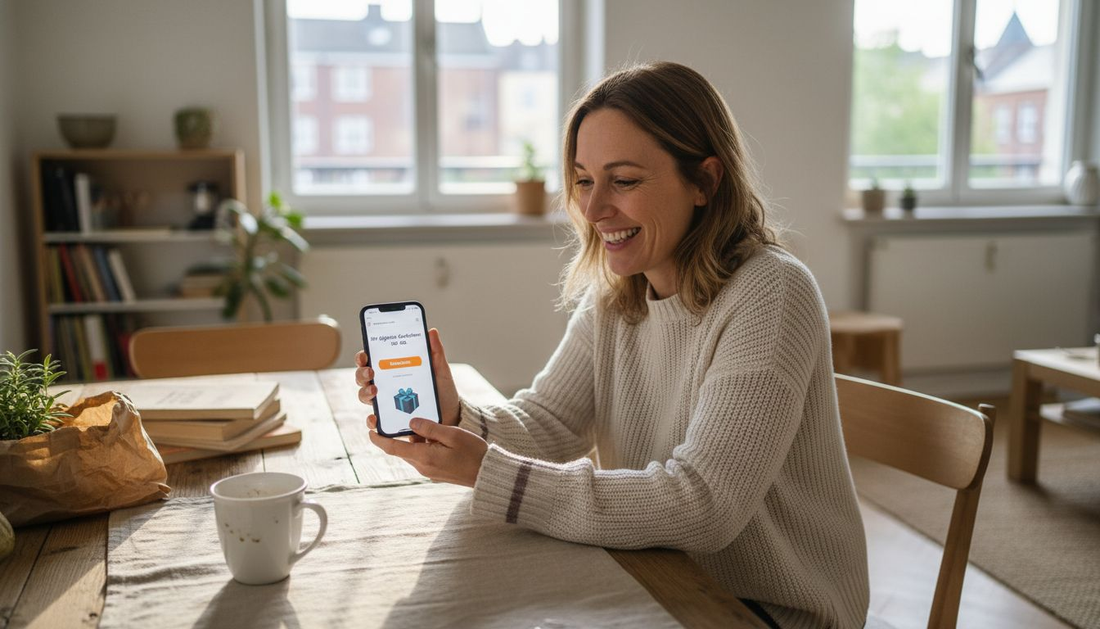 Eine Frau löst auf ihrem Smartphone einen digitalen Gutschein ein.