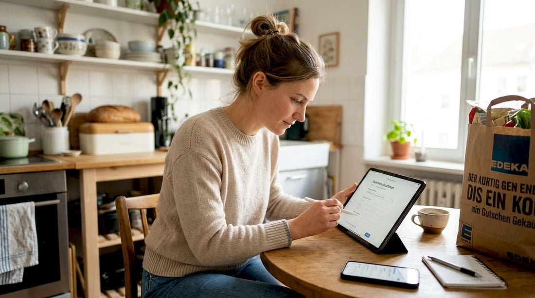 Eine Frau verschickt in ihrer Küche eine digitale Geschenkkarte.
