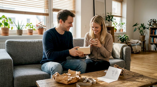 Im Wohnzimmer überraschen sich zwei Partner gegenseitig mit liebevoll ausgewählten Geschenken.