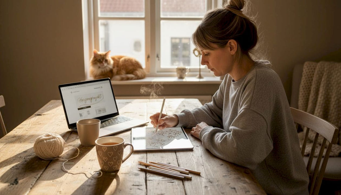 Eine Frau arbeitet am Wohnzimmertisch an der Entwicklung eines digitalen Produkts.